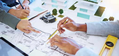 Wall Mural - Architect hands working on architecture design, blueprint or floor plan engineering with paper, pencil and planning in office. Business teamwork industry workers collaboration on project development