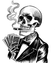 Human Skeleton Playing Cards. Ink Black And White Drawing
