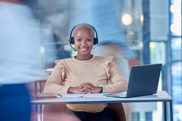 Canvas Print - Call center worker, business administration sales consultant and black woman networking, contact and consulting for crm telemarketing in busy office. Portrait of happy customer service communication