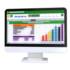 Spreadsheet on Computer screen 3d render icon. Financial accounting report concept. office things for planning, accounting, analysis, audit, project management, marketing, research data illustration