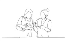 Illustration Of Two Successful Businesswomen Discussing And Looking To Documents. One Continuous Line Art Style