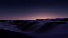 Desert Landscape With Sand Dunes And Pink Gradient Starry Sky. Scenic Contemporary Background.