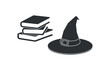 Black and white illustration of witch hat, stack of books on white background. Vector illustration. Design element for poster, banner, sticker, badge, print, postcard. Halloween symbolism.
