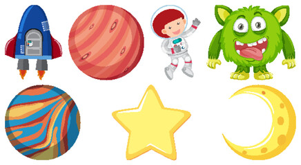 Wall Mural - Set of space cartoon characters and objects