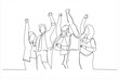 Drawing of diverse group huddle and high five hands together in office workshop. Single line art style