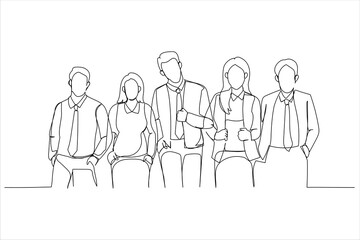 Cartoon of happy people in clothes suitable for office dress code standing. Single continuous line art style