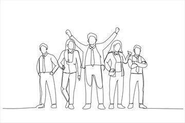 Cartoon of winning business team. Single continuous line art style