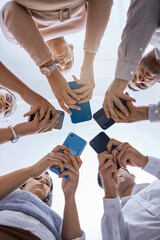 Poster - Social media, smartphone and business people networking with a global community using technology together. Group and team typing, surfing and searching online on web communication app from below view
