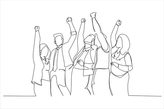 Drawing of diverse group huddle and high five hands together in office workshop. Single line art style