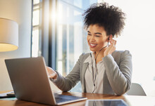 Laptop Webinar, Workshop Training And Video Call With Woman Employee On Global Zoom In Office Or Conference Room. Happy Corporate Worker With Smile In Online Meeting For Technology Company
