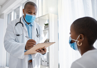 Canvas Print - Covid doctor or medical worker consulting a patient for and writing health information at the hospital. Healthcare man working on insurance, paper or checklist for a woman at a clinic