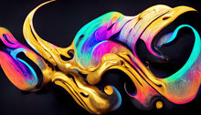 Creative Colorful Neon Gold Abstract Dynamic Twisted Fluid Liquid Shape Background. 3D Illustration.