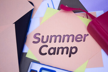 Summer Camp. Text on adhesive note paper. Event, celebration reminder message.