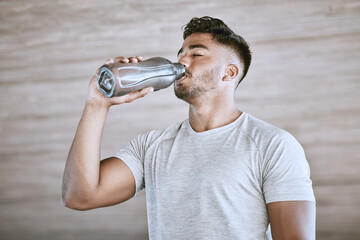 Poster - Fitness runner after training, healthy drinking water from bottle and strong athletic young man takes a break from running. Workout motivation, wellness exercise and natural sports lifestyle