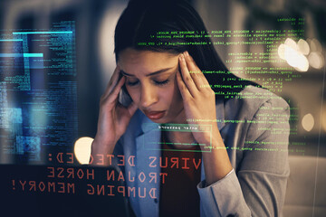 stress, headache and programmer with depression gets a cyber security attack, virus or glitch. anxie