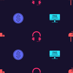 Sticker - Set Monitor with FAQ information, Coin money dollar, Headphones and Open mail box on seamless pattern. Vector