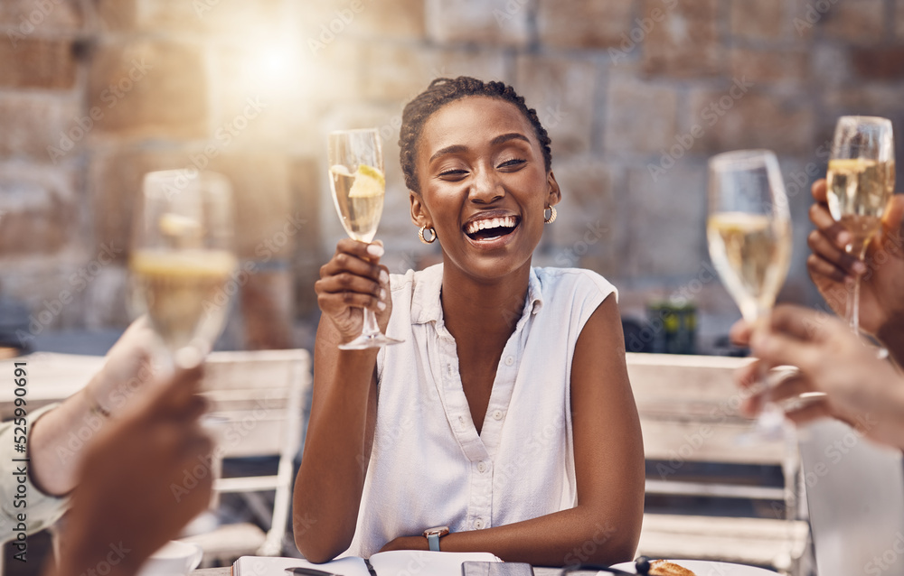 Woman talking for toast with celebration champagne at party with friends,  wine for success at restaurant