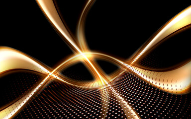 Gold modern waves on black background with round halftone futuristic design.