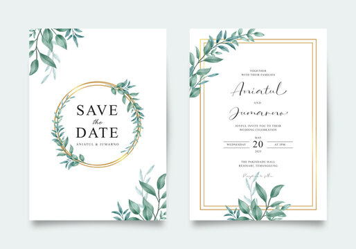 Elegant wedding invitation with green leaves and gold frame
