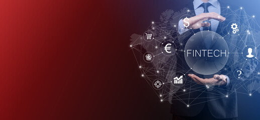 Businessman hold Fintech -financial technology concept.Business investment banking payment. Cryptocurrency investment and digital money. Business concept on virtual screen.