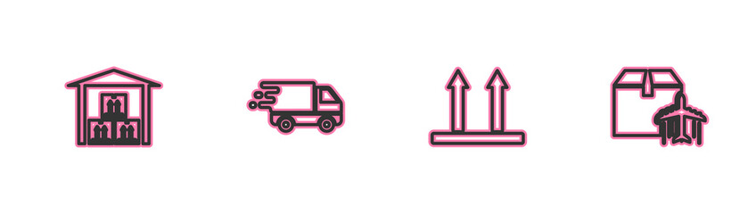 Set line Warehouse, This side up, Delivery truck in movement and Plane and cardboard box icon. Vector