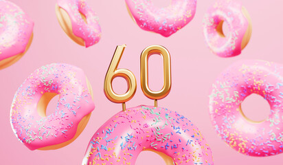 Wall Mural - Happy 60th birthday celebration background with pink frosted donuts. 3D Rendering