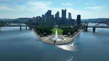 Point State Park At Pittsburgh. Skyline On Bright Summer Day. Aerial View.