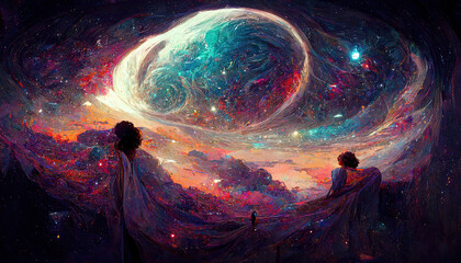 Wall Mural - Fantasy fairy tail abstract wallpaper with galaxy space Universe illustration in background with stars, planets and colorful blue, pink, red, orange, teal, turquoise clouds and sky with milky way