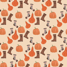 Seamless Autumnal Vector Pattern With Orange Pumpkins And Rain Boots On Pale Fall Background For Textile And Wrapping Paper
