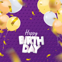 Purple Happy Birthday With Gold Confetti And Balloon Vector Illustration