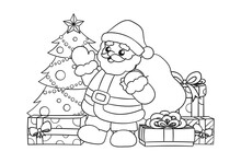 Santa Claus Waving And Holding A Sack Of Presents Next To A Christmas Tree Surrounded By Colorful Gift Boxes Cartoon Illustration Outline. Coloring Book Page Printable Activity Worksheet For Kids.