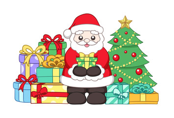 Wall Mural - Happy Santa Claus next to a Christmas tree holding a present surrounded by colorful gift boxes