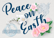 Pink And White Flowers In Watercolor And 3d Style On Wording And Symbols Of Peace Day, Example Texts And White Paper Pattern Background