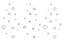 Hearts, Stars And Bubbles. Rising Up Vector Elements Set. Sketches Of Symbols Of Love, Celestial Bodies And Round Balls. Coloring Book For Children. Outline On Isolated Background. Doodle Style. 
