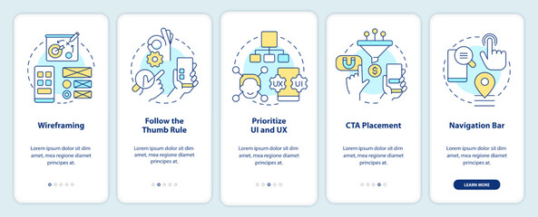 Mobile website development onboarding mobile app screen. Walkthrough 5 steps editable graphic instructions with linear concepts. UI, UX, GUI template. Myriad Pro-Bold, Regular fonts used