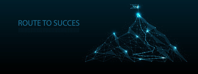 Business achievement, goal, path to success, vector poster banner design template. Route to the flag
