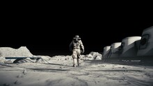 Astronaut In Space Suit Walking On Moon Surface With Alpha Channel. Space Station And Mars Rover