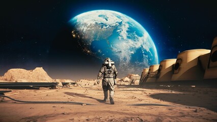 Wall Mural - brave astronaut in space suit confidently walking on mars towards earth.space station and mars rove