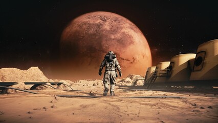 Wall Mural - astronaut in space suit confidently walking on space planet towards mars.