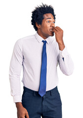 Poster - Handsome african american man with afro hair wearing business clothes looking stressed and nervous with hands on mouth biting nails. anxiety problem.