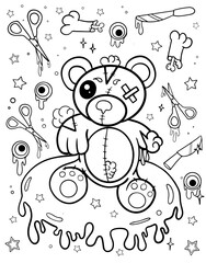 Kawaii bear. Coloring book for children. Coloring book for adults. Halloween coloring page. Horror. Kawaii. Black and white illustration