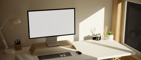 Sticker - cozy minimal home workstation in white and wood material design with pc desktop computer mockup
