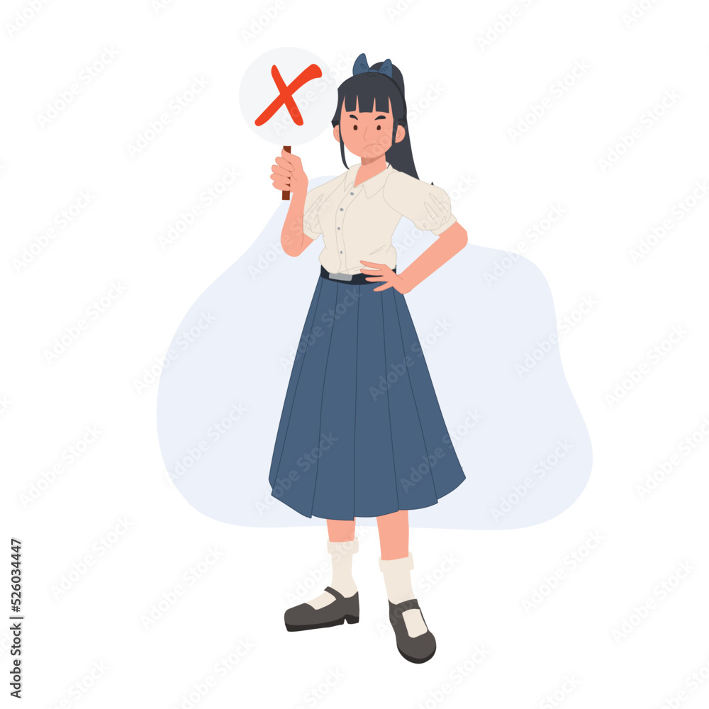 Student Incorrect Uniform Asian student in school uniform. Thai student girl is holding red X ...