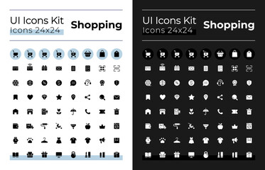 Shopping glyph ui icons set for dark, light mode. Digital commerce. Silhouette symbols for night, day themes. Solid pictograms. Vector isolated illustrations. Montserrat Bold, Light fonts used