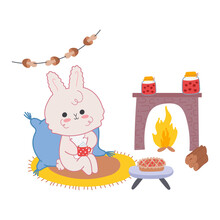 Vector Kawaii Illustration Of A Rabbit Sitting By The Fireplace With A Cup Of Cocoa.Illustration For Cards,posters And Children's Decor