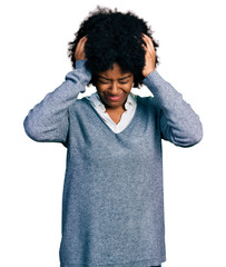 Poster - Young african american woman wearing business clothes suffering from headache desperate and stressed because pain and migraine. hands on head.