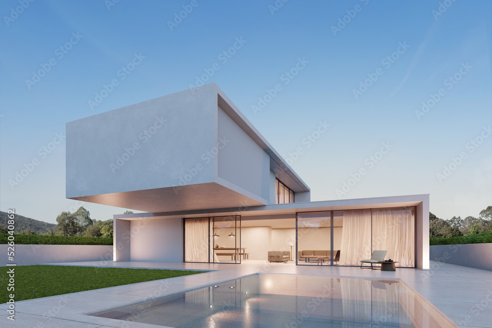 3d rendering of modern luxury house with swimming pool and marble ...
