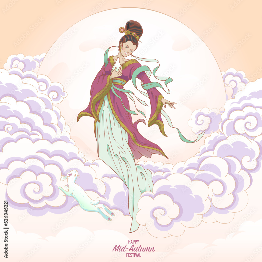 To The Moon Rabbit Chinese Moon Goddess Chang'e vector illustration with Jade Rabbit and ...