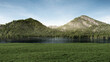 Empty grass field with mountain and blue sky lake view. 3D rendering background for display product.