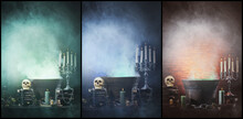 Scary Old Skull And Candles On Ancient Gothic Fireplace. Halloween, Witchcraft And Magic Concept. Set Collage.